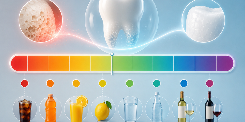 pH scale infographic comparing the acidity of common drinks, highlighting the threshold at which enamel begins to demineralise.