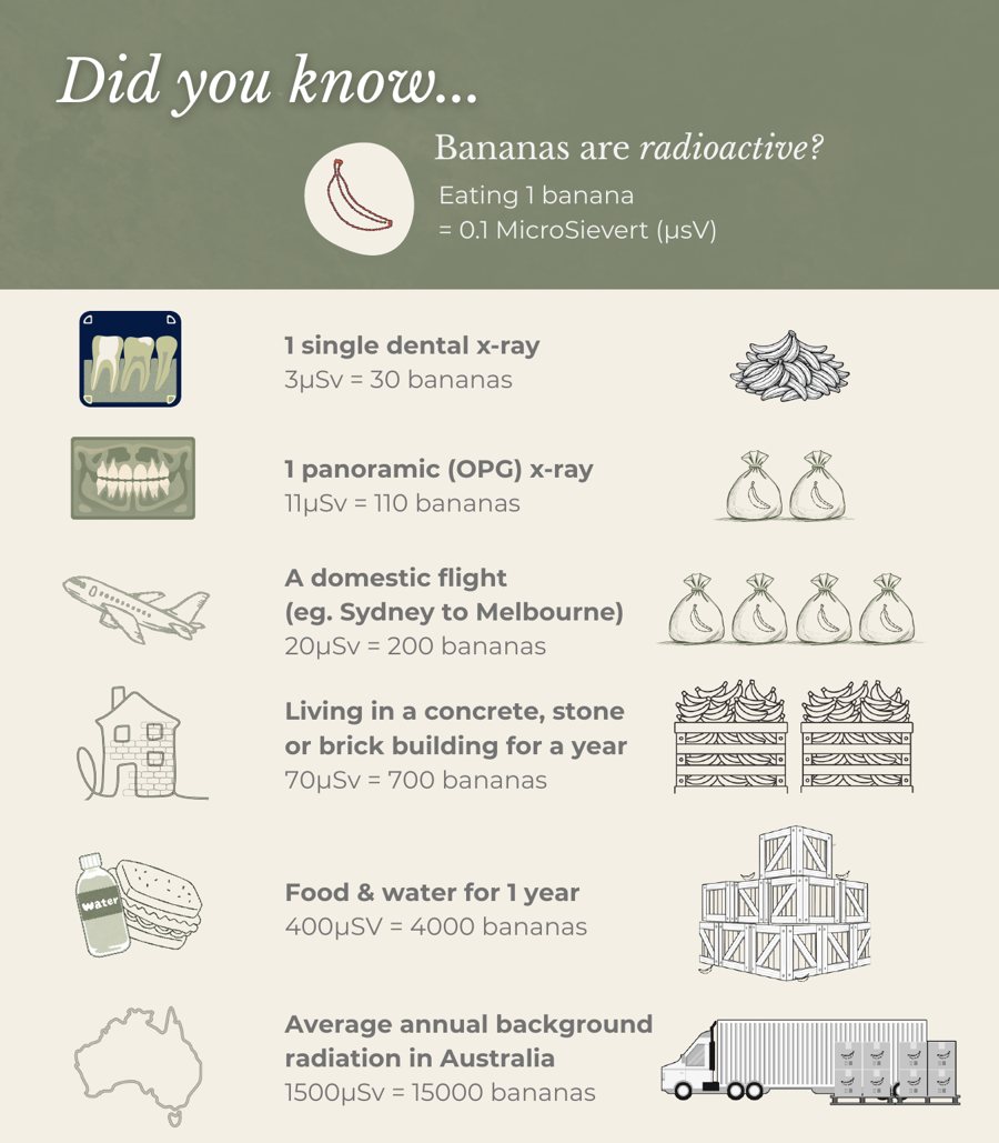 Infographic comparing radiation doses in banana equivalents: one dental x-ray 3 microsieverts, a panoramic x-ray 11, a Sydney to Melbourne flight 20, a year in a brick building 70, a year of food and water 400, and average annual background radiation in Australia 1,500