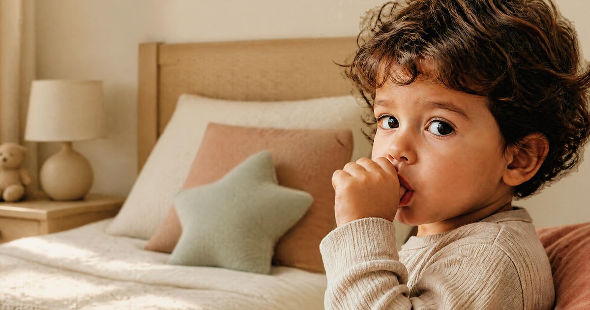 A toddler sitting on a bed at bedtime with a thumb in their mouth